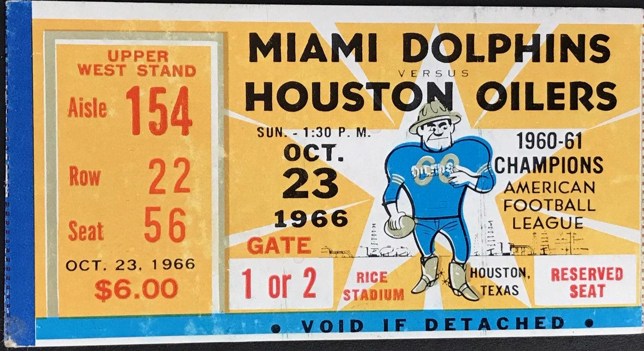 1966 Miami Dolphins @ Houston Oilers Inaugural Season 1st Road win Tic | Hollywood Collectibles